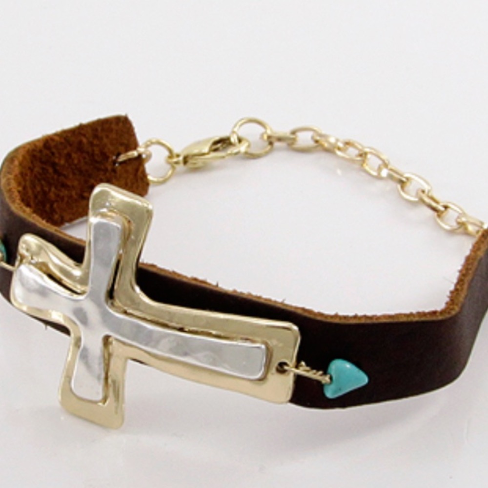 Brown and Gold Leather Bracelet with Cross Pendant